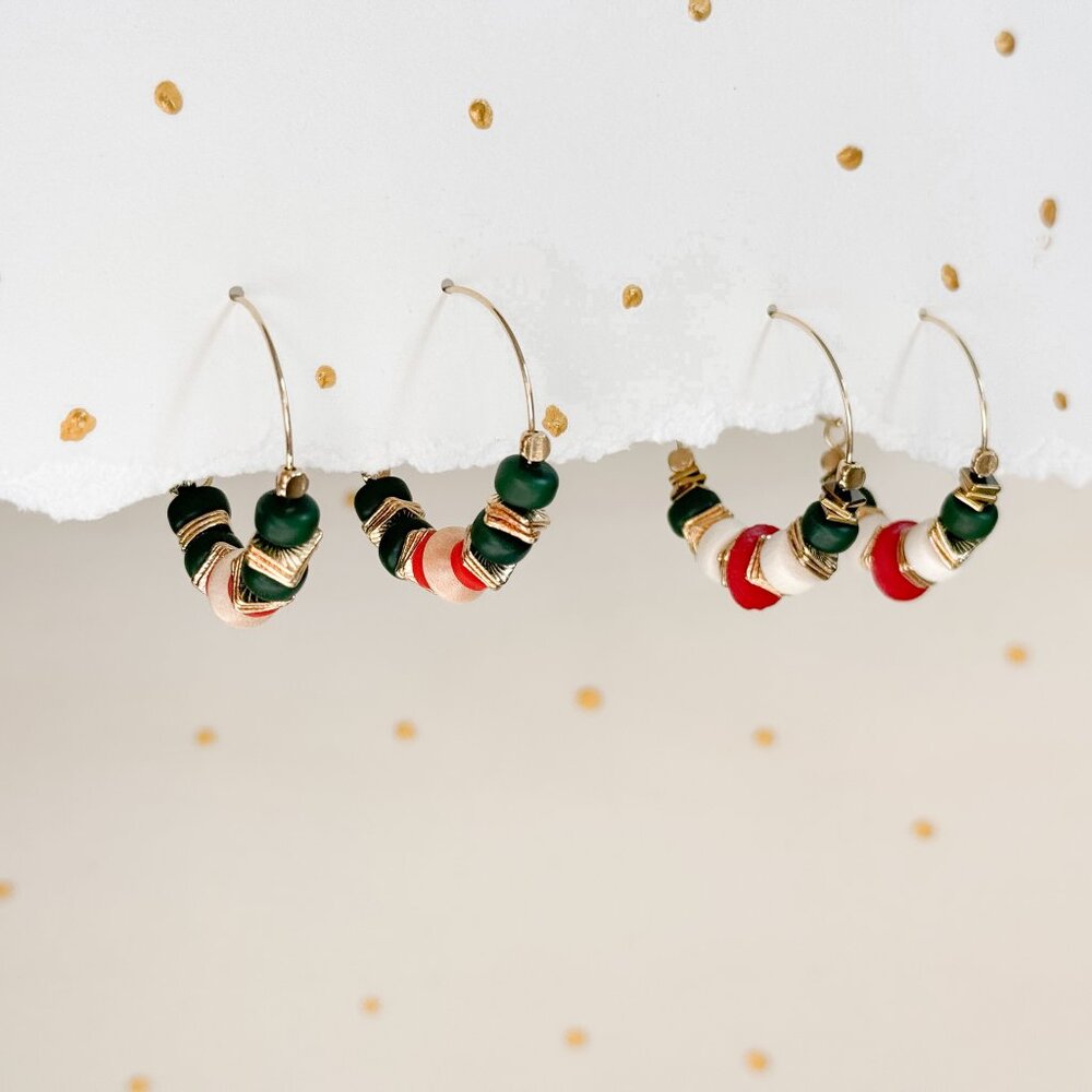 Boho Hoop Earrings Green Stone Beaded Gold Hoops Coral Ivory | Artisan Style - Picture 4 of 10